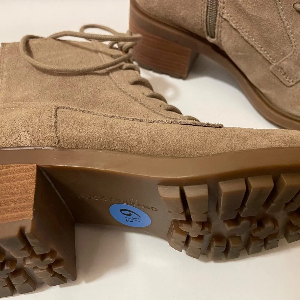 Lucky Brand Tan Genuine Suede Leather Boots Rubber Sole lace/side zip New!